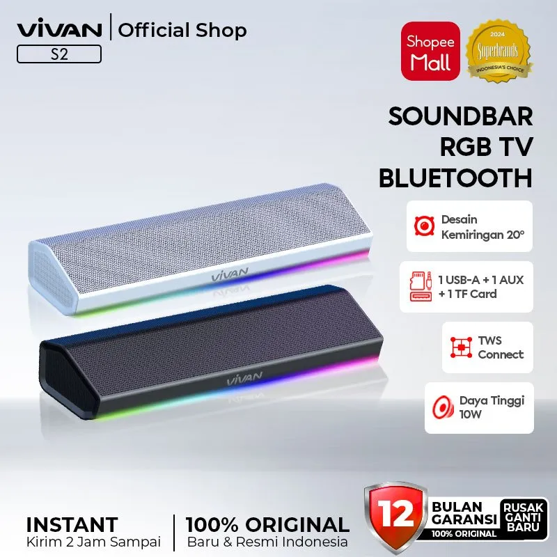 VIVAN Bluetooth Soundbar TV Super Bass RGB LED Lampu TWS Interkoneksi BT 5.4 S2 Garansi 12 Bulan
