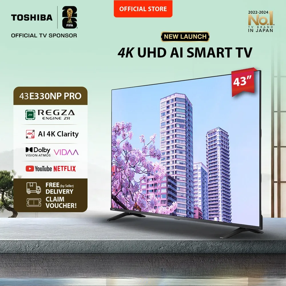 [4K] [KHUSUS ONLINE] Toshiba TV 43" 4K UHD Smart TV PRO - Regza ZR Dolby Vision Atmos HDR10+ MEMC VRR ALLM Netflix Disney+ Youtube Apple AirPlay Screen Sharing Voice Control Wifi Bluetooth 5.0 HDMI 2.1 Digital - 43E330NP PRO