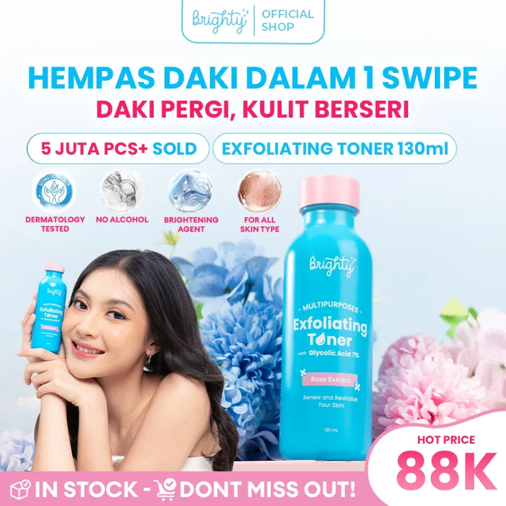 Brighty Multipurpose Exfoliating Toner Pemutih badan pencerah badan pencerah ketiak pemutih leher pencerah leher body exfoliasi AHA Toner Glycolic acid toner Exfoliating treatment Body care toner perontok daki penghilang daki Pencerah MIss v