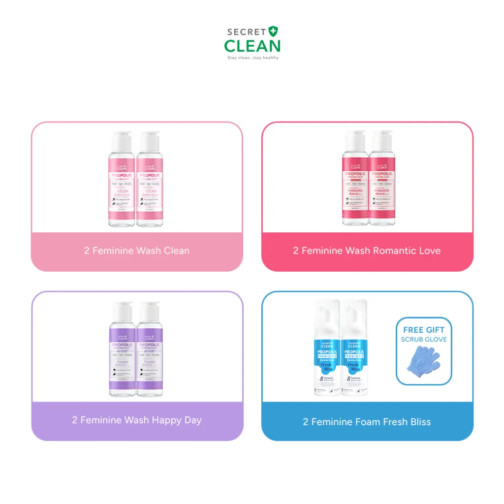 (Twin Pack 2 Pcs) Secret Clean Propolis Feminine Wash Clean / Happy / Romantic 100ml / Prebiotic Foam Fresh Bliss 60ml | Sabun Pembersih Perawatan Area Intim Kewanitaan / Miss V Hygiene Care | Bersih Sehat Bebas Bau Keputihan