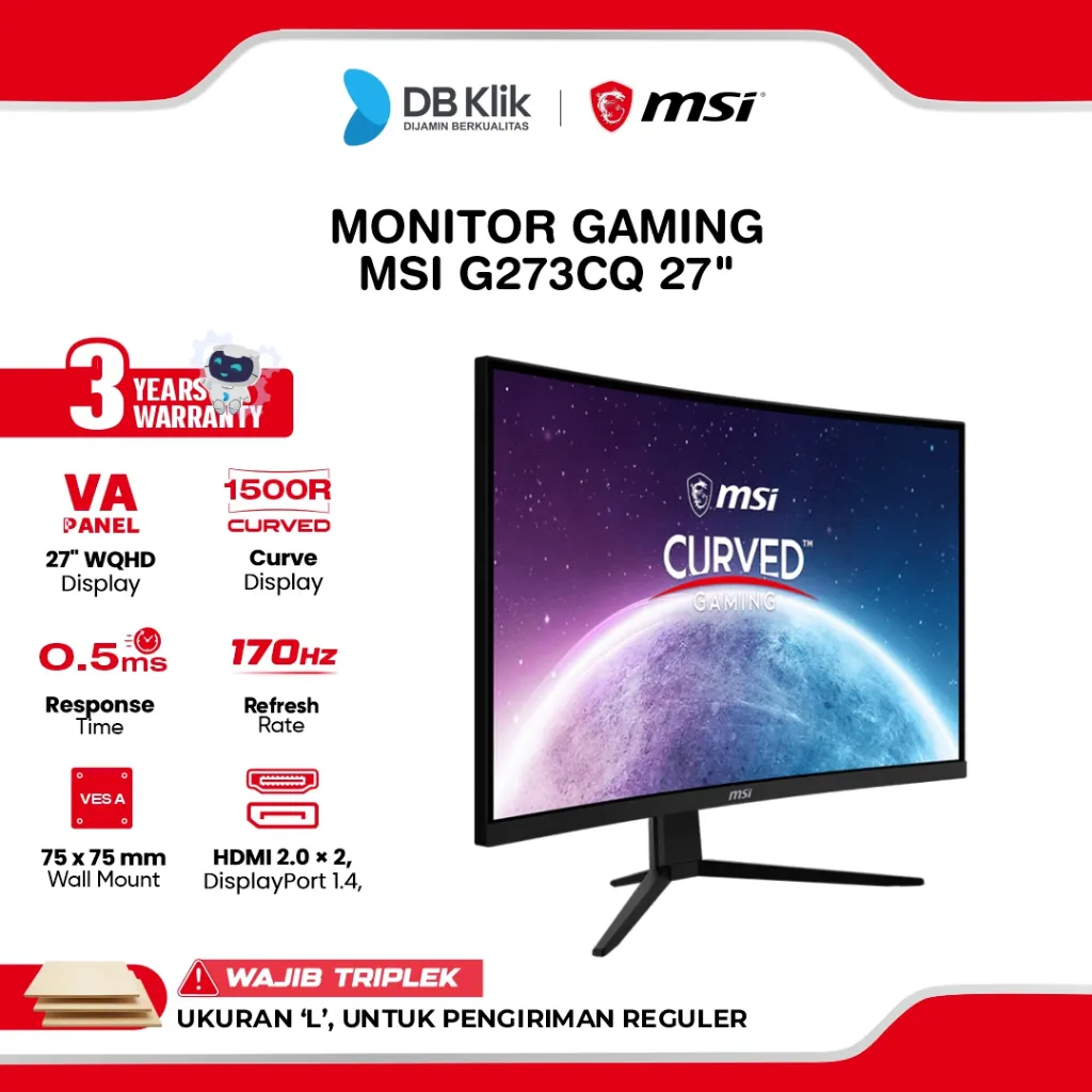 MSI LED Monitor Gaming G273CQ 27" VA WQHD Curved 1500R 170Hz 1ms Adaptive Sync HDR HDMI DP