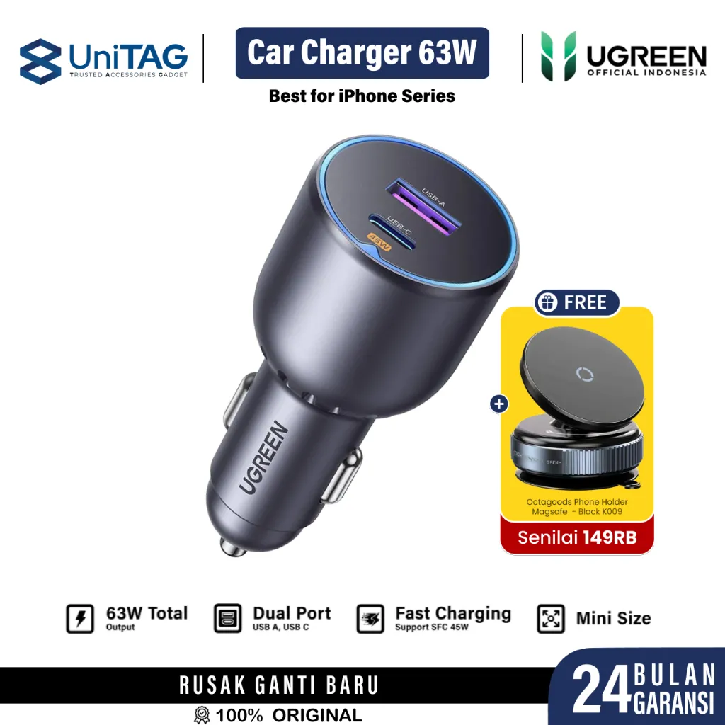 UGREEN Car Charger Mobil Fast Charging iPhone Samsung Laptop Macbook Pro Air USB C Port by UniTAG