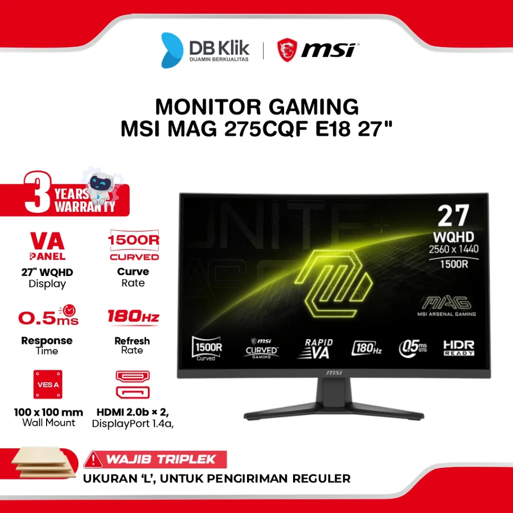MSI MAG 275CQF E18 Monitor Gaming 27" Curved Rapid VA 2K WQHD 180Hz 0.5ms Adaptive Sync HDR HDMI DP
