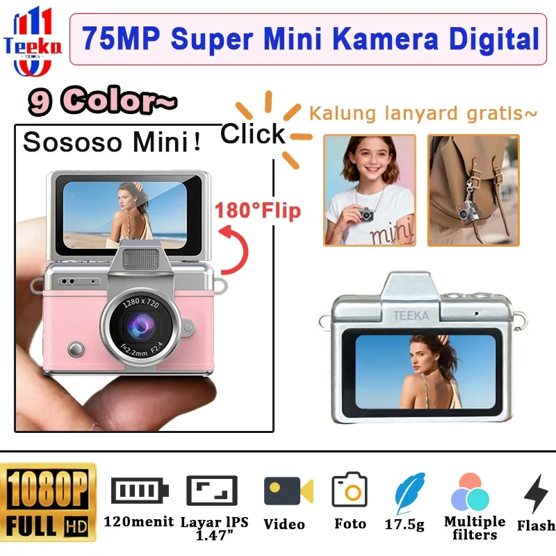 TEEKA MiniFlip 75MP Flip Mini Kamera Digital Retro Thumb Camera Indoor Home Outdoor 1080p Sports Portable Vintage Very Small Mini Camera bodycam Video Recorder MINI handycam