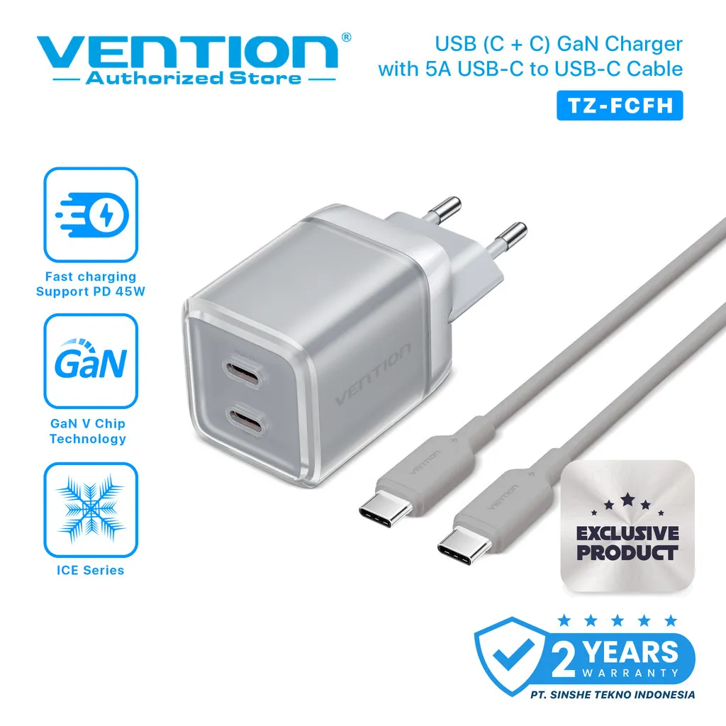 Vention 45W GaN Charger ICE Series + Kabel USB-C to USB-C 5A Fast Charging Adapter iPhone Samsung Laptop