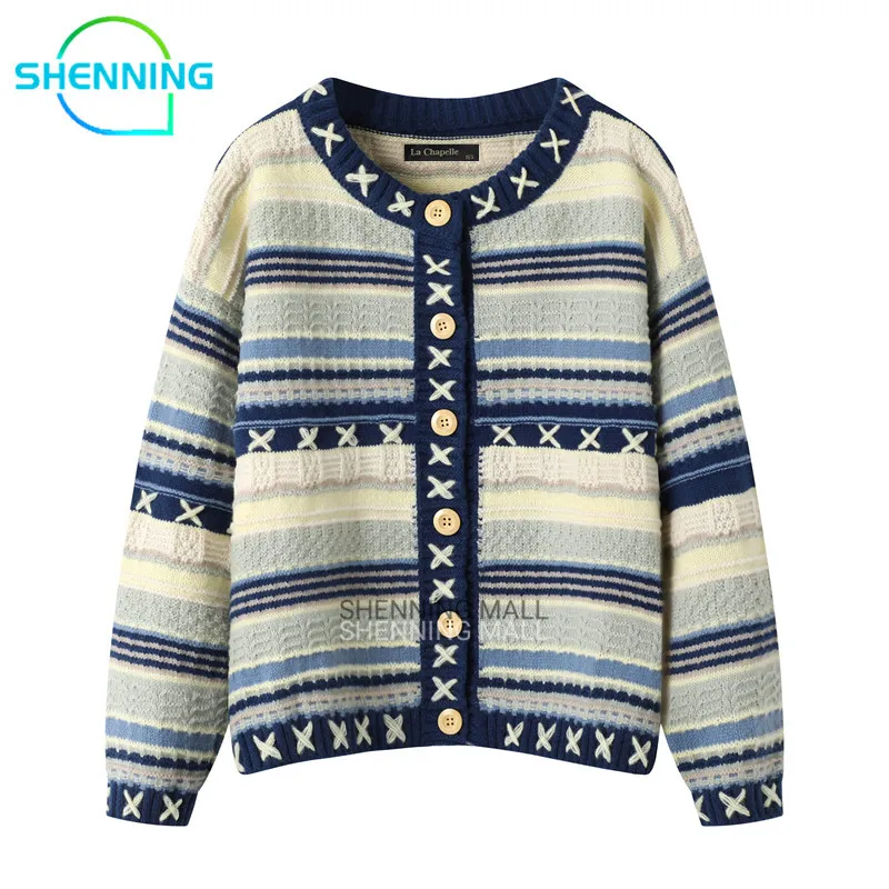 SHENNING Cardigan Rajut Premium Outer Knit Terbaru Sweater Stripe Wanita Motif Stripe Biru