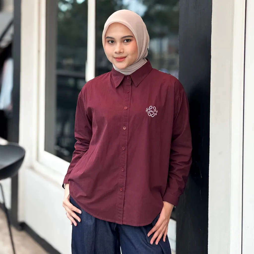 MORU KEIN - FLO Shirt Kemeja Oversize Atasan Wanita Basic Bordir Lengan Panjang