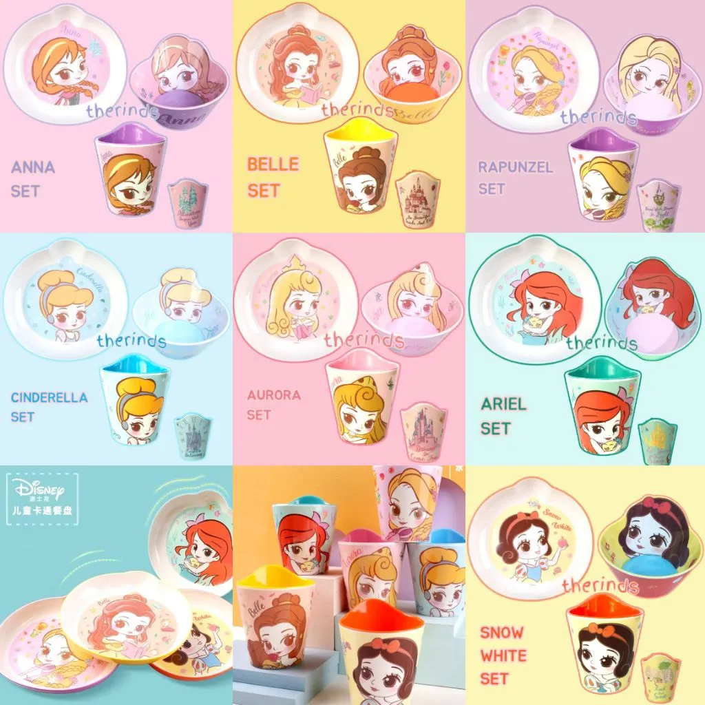 Set Alat Makan Anak Princess Aurora Cinderella Belle Snow White Ariel Rapunzel | Piring Gelas Mangkok Karakter Melamin Food Grade | Perlengkapan Makan Anak | Set Kado Anak Perempuan Alat Makan
