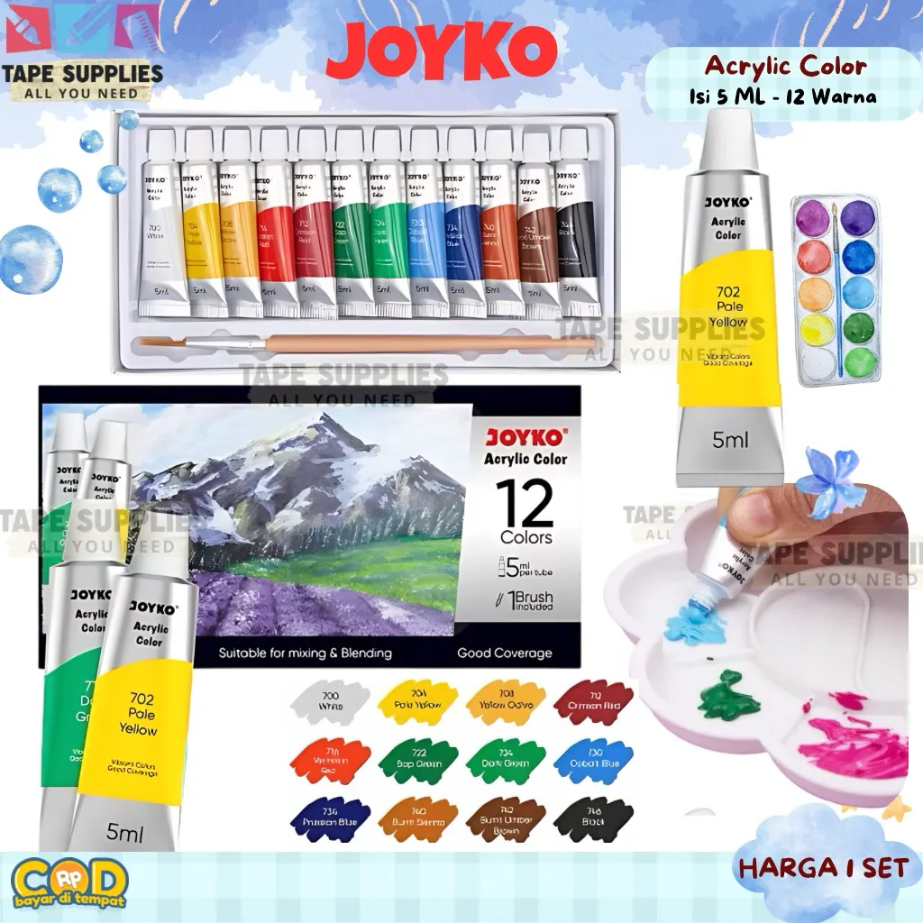 (12/24 WARNA) CAT ACRYLIC KUALITAS BAGUS- Cat Akrilik JOYKO Acrylic Color ACC-5ML 12 / 24 Warna Non-Toxic