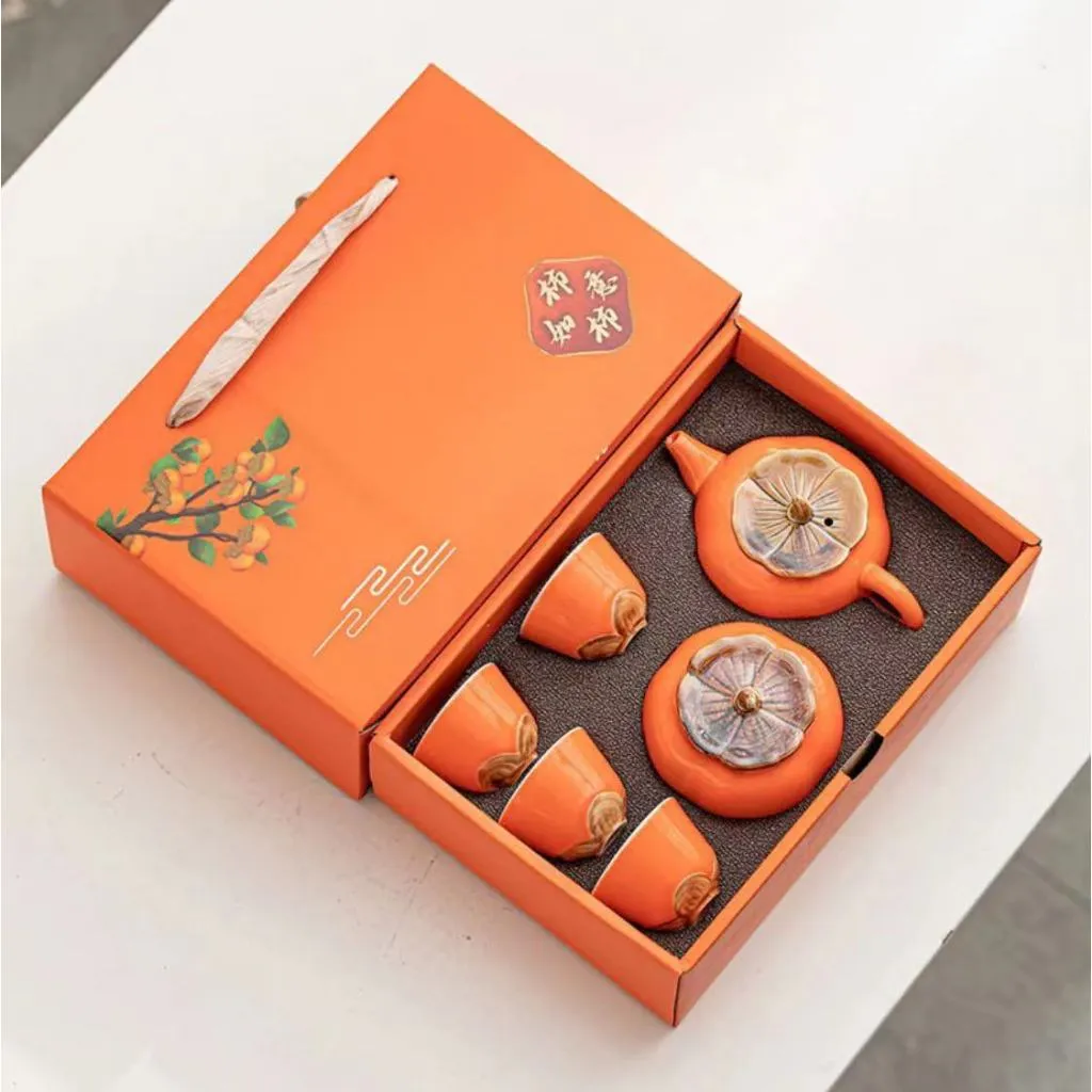 [TEASET by Lecora] Hampers Kado Hadiah Persimmon Orange Teaset, isi  4 cup + 1 teapot + 1 Wadah Teh, FLOWER TEASET
