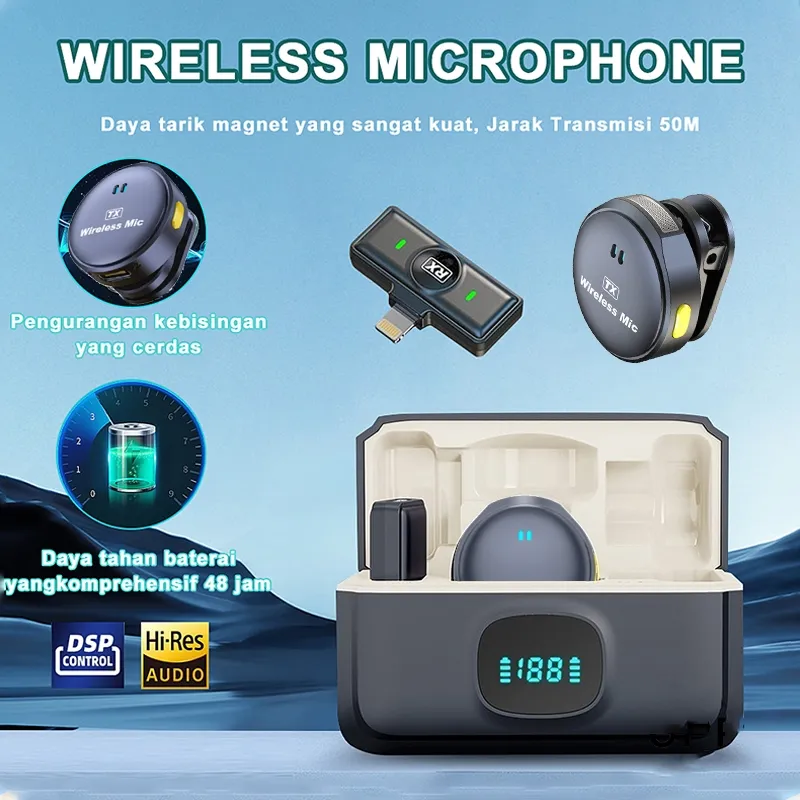 Mikrofon Nirkabel Lavalier Mic Portabel Audio Video Pembuatan Rekaman Wireless Microphone HP Clip On 2 Mic With Charging Case Untuk IPhone Android Komputer Laptop Live Video Recording Game YouTube Interview TikTok