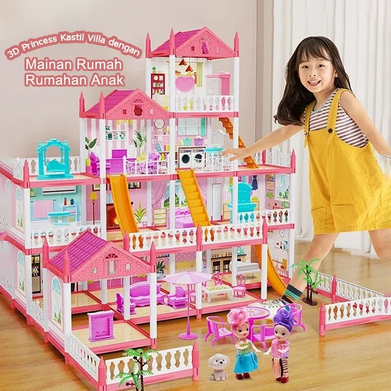 Mainan Rumah Rumahan Anak Perempuan 3D Princess Kastil Villa dengan Lampu dan Boneka Perakitan DIY Rumah Mainan
