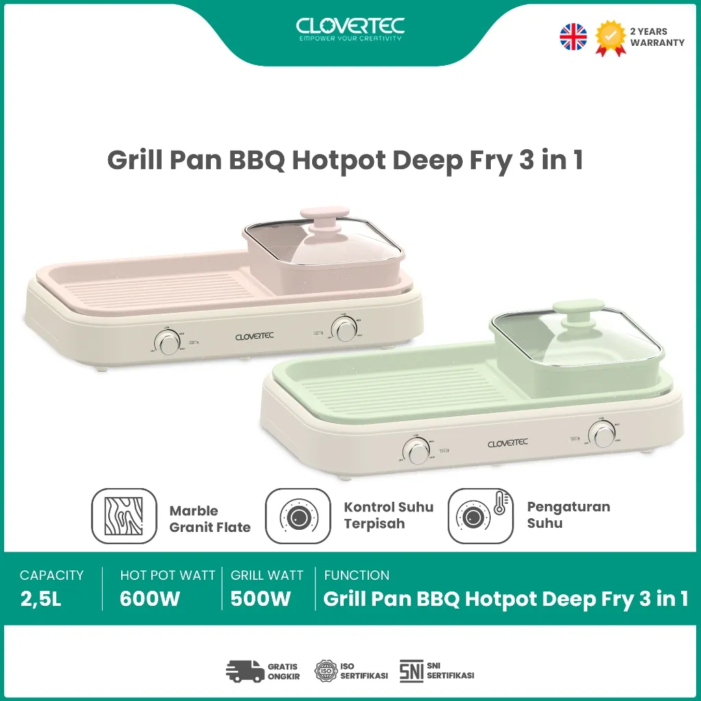 CLOVERTEC Panggangan Listrik Grill Pan BBQ Hotpot 3 in 1 Granite Coating Anti Lengket CHG-5624CM