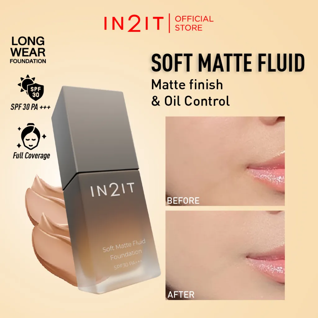 IN2IT Soft Matte Fluid Foundation with SPF30+++ Medium to Full Coverage | Oil Control | Tahan Lama