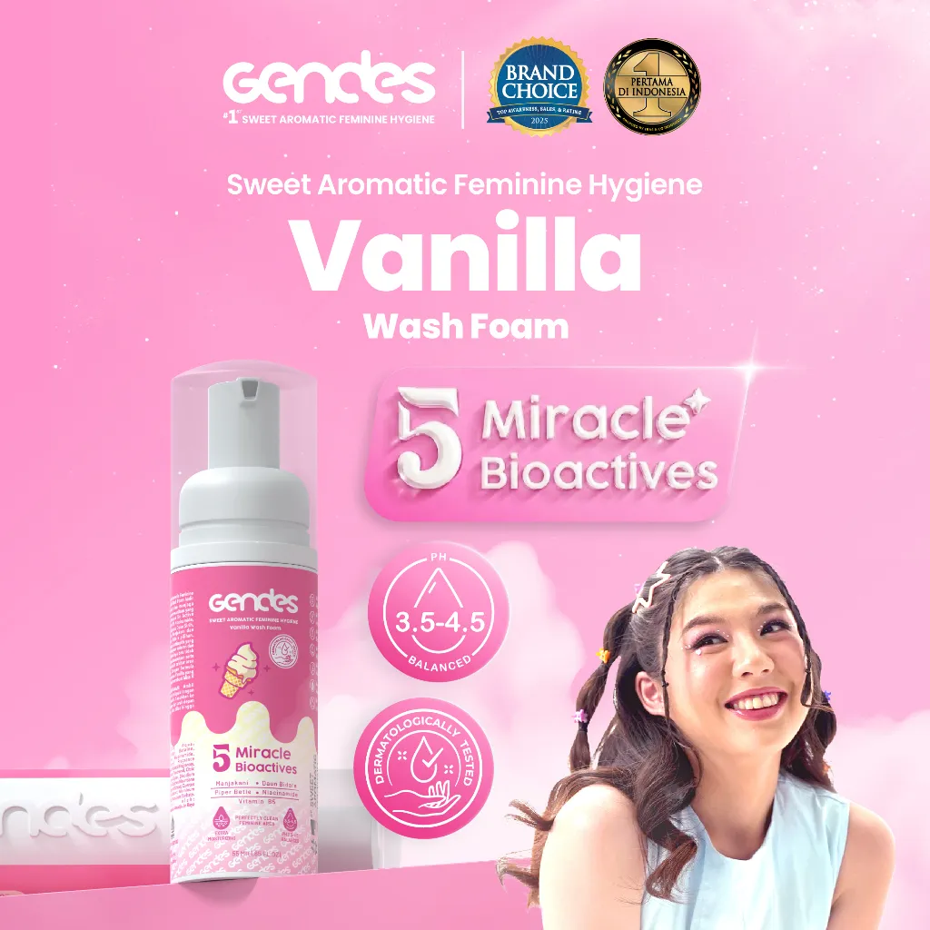 Gendes Sweet Aromatic Feminine Care Wash Foam Vanilla 5 Miracle Bioactives Meyeimbangkan PH dan Merawat Area Kewanitaan 55ml