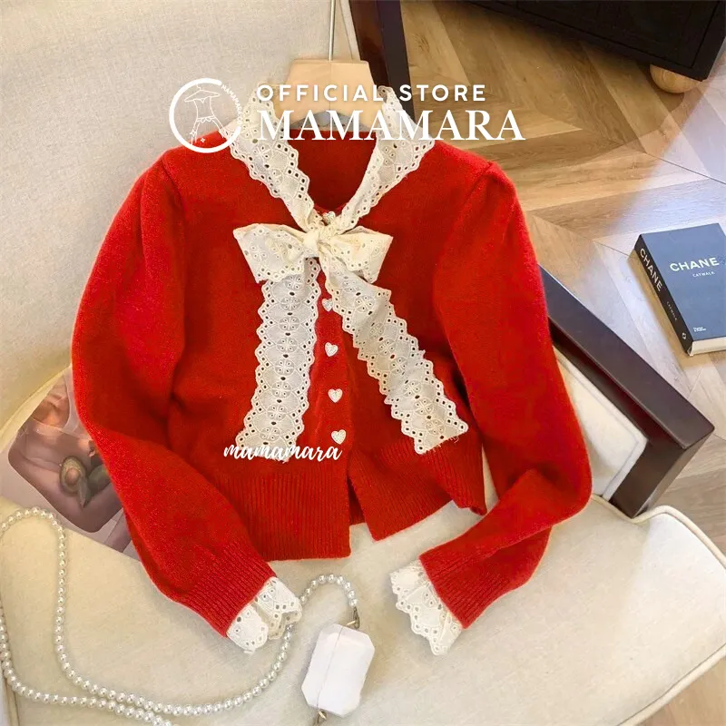 MAMAMARA - Atasan Rajut Blouse Wanita Knitwear Kancing Love Round Neck Polos Kombinasi Renda