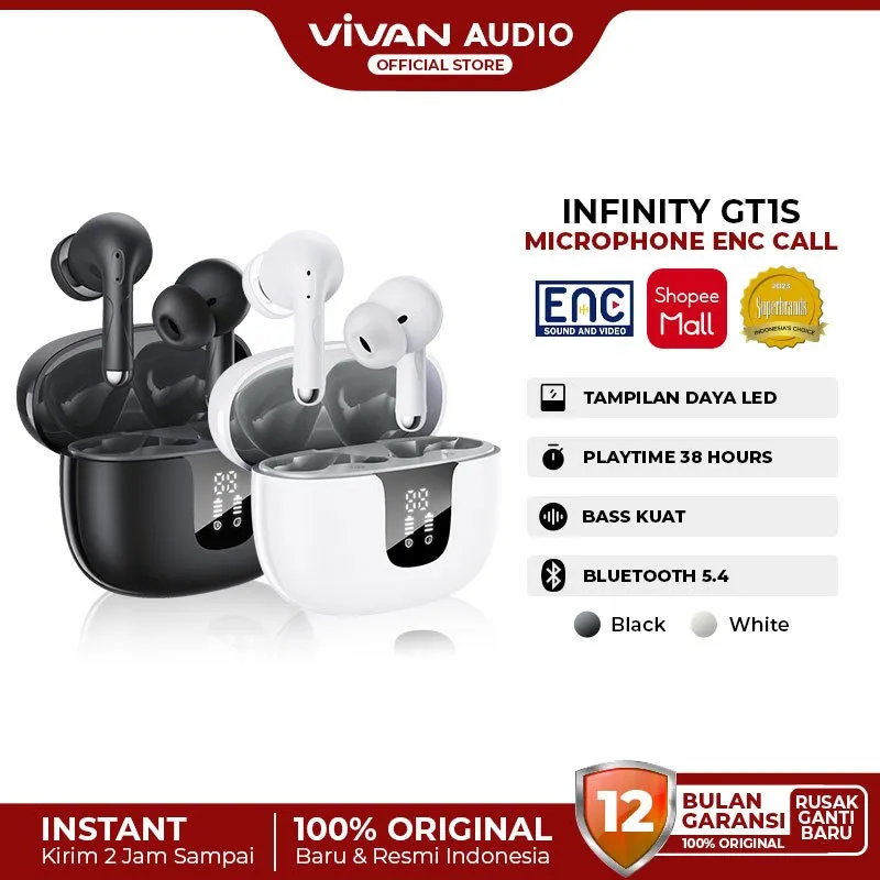 VIVAN TWS Adaptive ANC ENC Infinity GT1s Bluetooth 5.4 LED Display Low Latency Playtime 38H Gaming Mode Kualitas Suara HD Garansi 12 Bulan
