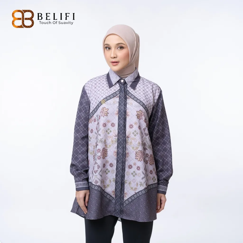 BELIFI | Fiorella Shirt Atasan Kemeja Wanita Motif Monogram Printed