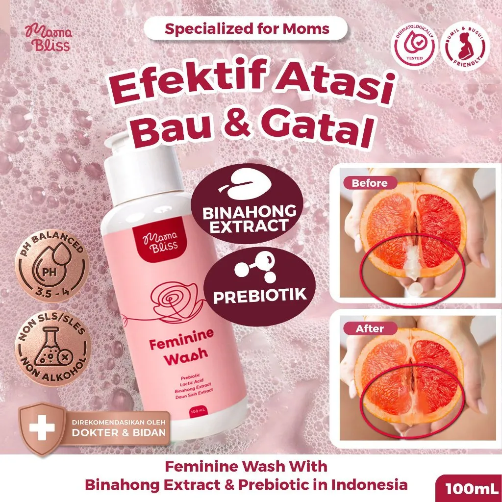 MamaBliss FEMININE WASH - Feminine Hygiene 100ml- Perpaduan Lembut Ekstrak Binahong & Prebiotik untuk Area Kewanitaan - Mencegah iritasi, keputihan dan rasa gatal - Lactic Acid, Prebiotik, Daun Sirih