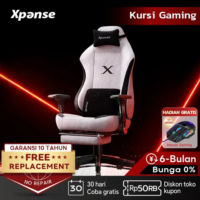Xpanse XNova Kursi Gaming Kain Abu | Kursi Komputer Premium | Gaming Chair Nyaman dengan Footrest | Bisa Rebahan & Adjustable Armrest | Duduk Lama Tidak Pegal