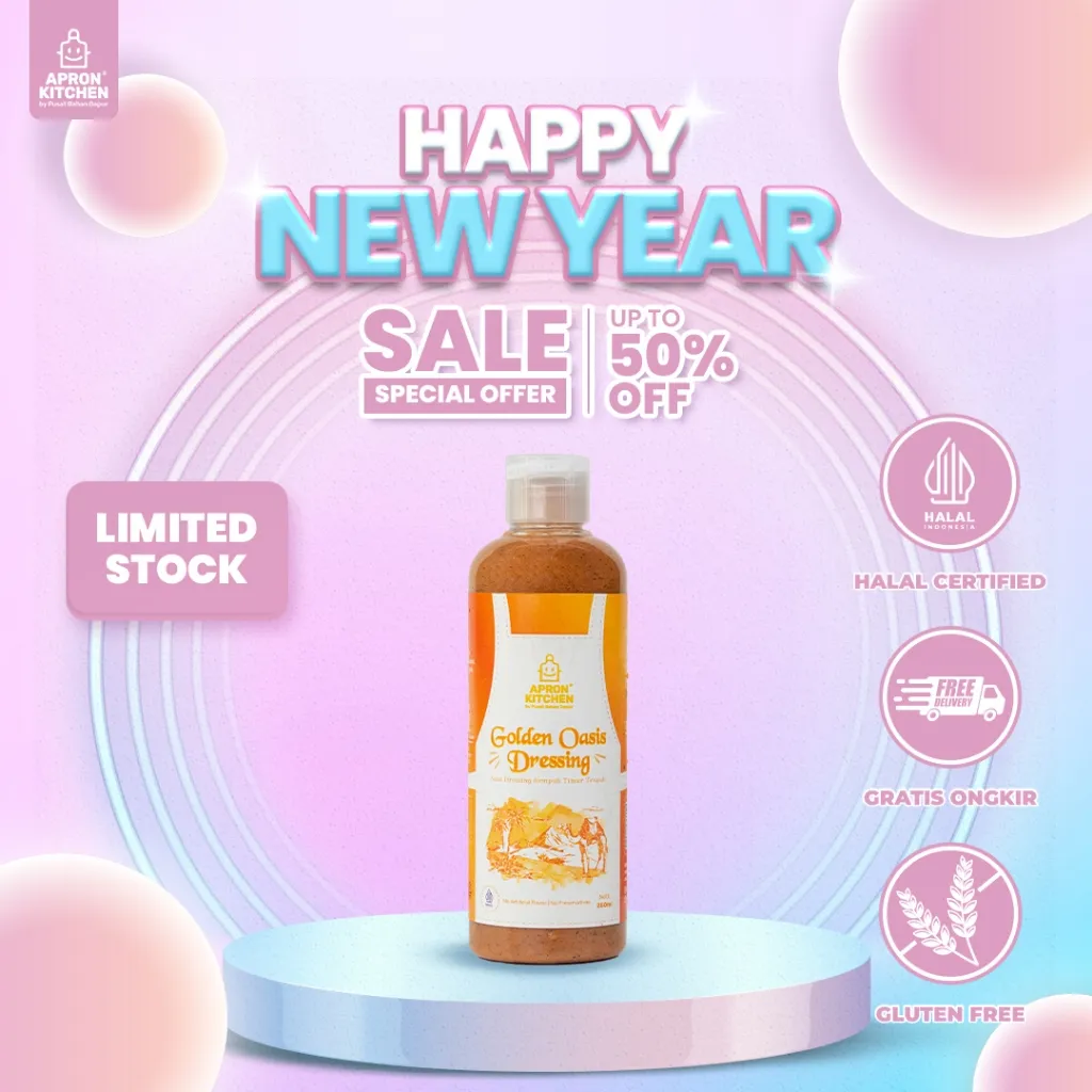 Apron Kitchen Golden Oasis Salad Dressing Saus Salad Ala Timur Tengah Rendah Kalori, Gluten Free Kemasan 250ml