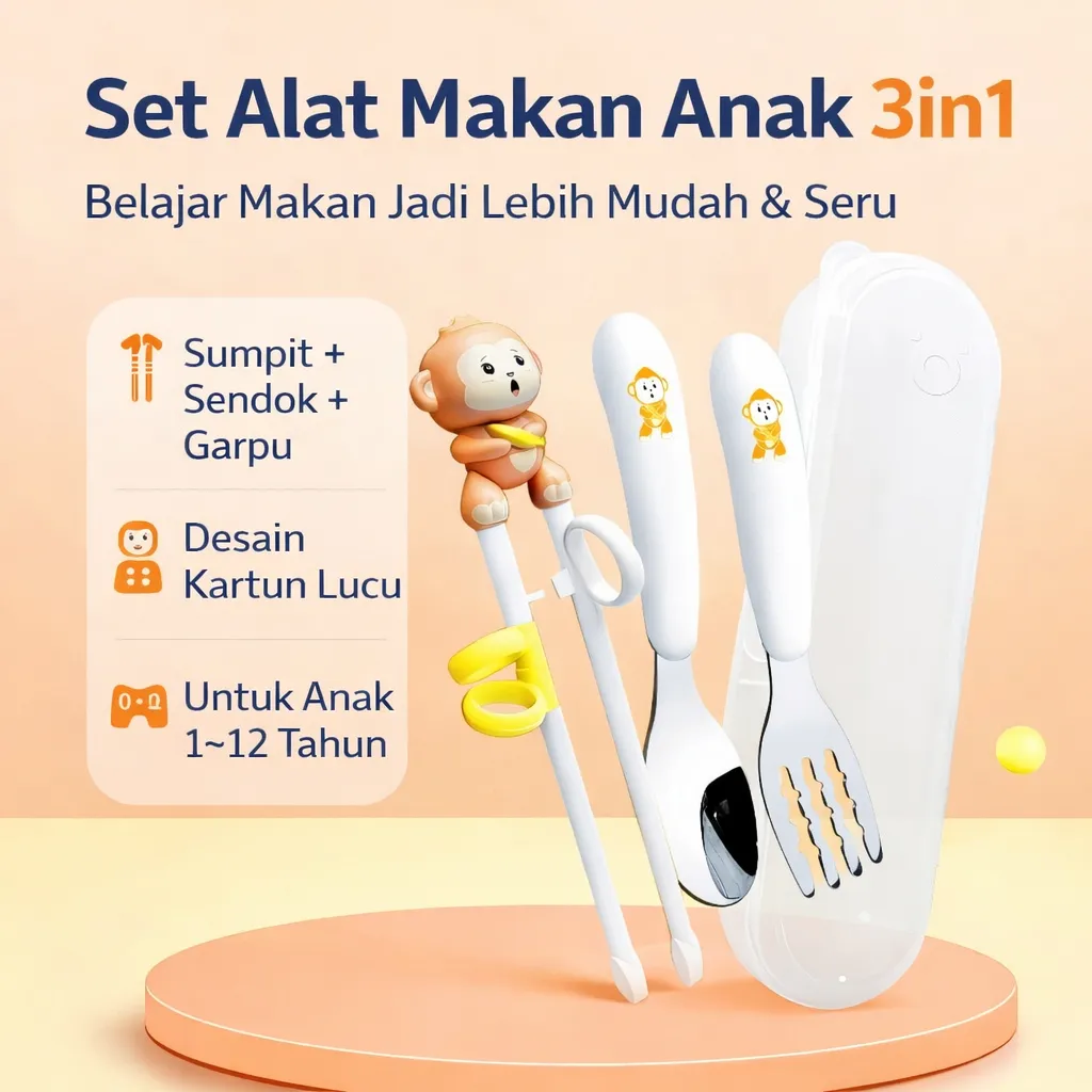 Set Alat Makan Anak 3in1 | Sumpit Latihan Ergonomis + Sendok Garpu Stainless | BPA Free