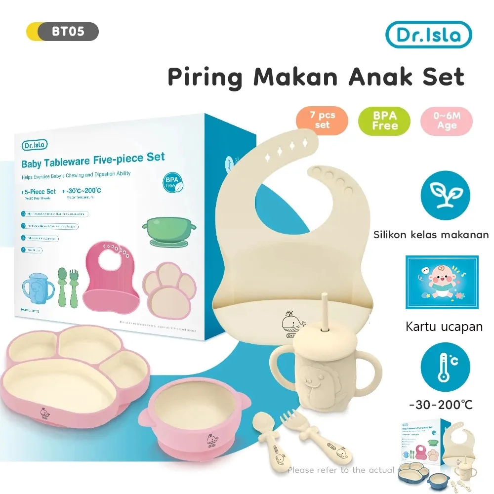 Dr.isla Piring Makan Anak Set 7Pcs Mangkuk Sendok Makan Bayi Celemek Makan Bayi Botol Minum Bayi Set Kotak Hadiah BT05