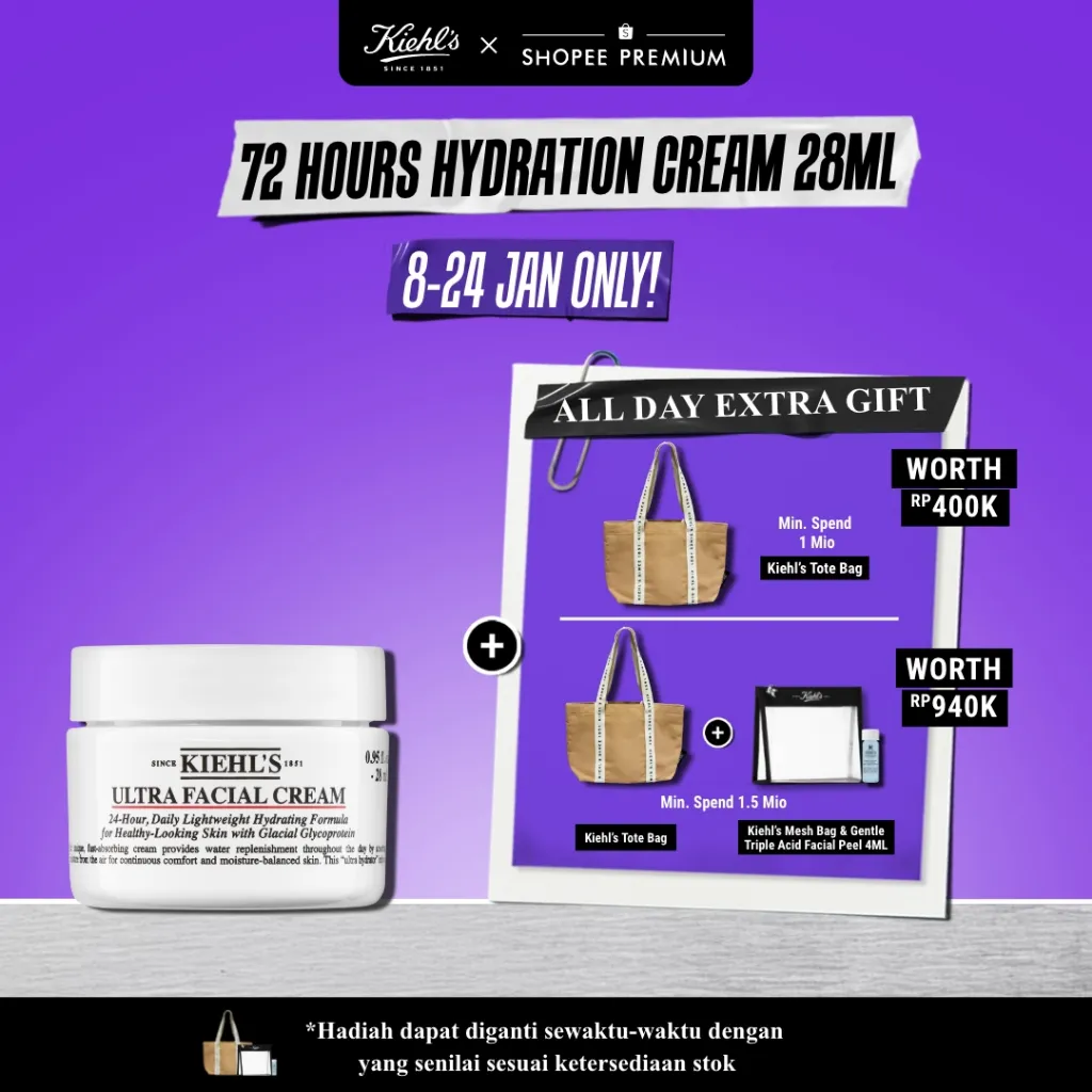 Kiehl's Ultra Facial Cream 28 ML. Pelembab Wajah yang memberi Hidrasi 72 Jam. Mengandung Squalane dan Glacial Glycoprotein