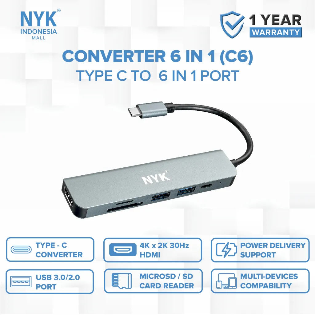NYK USB Hub type C6 in 1 Converter Type C 3.0 IOS Android Macbook Laptop PC Smartphone Linux