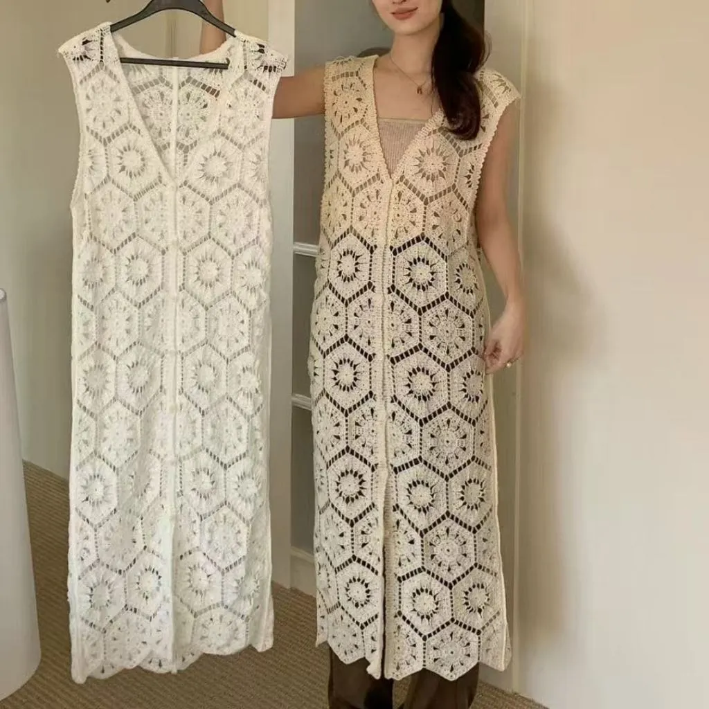 Gaun rompi renda berongga baju rajutan gaya Bohemian kardigan rajutan liburan wanita Pa