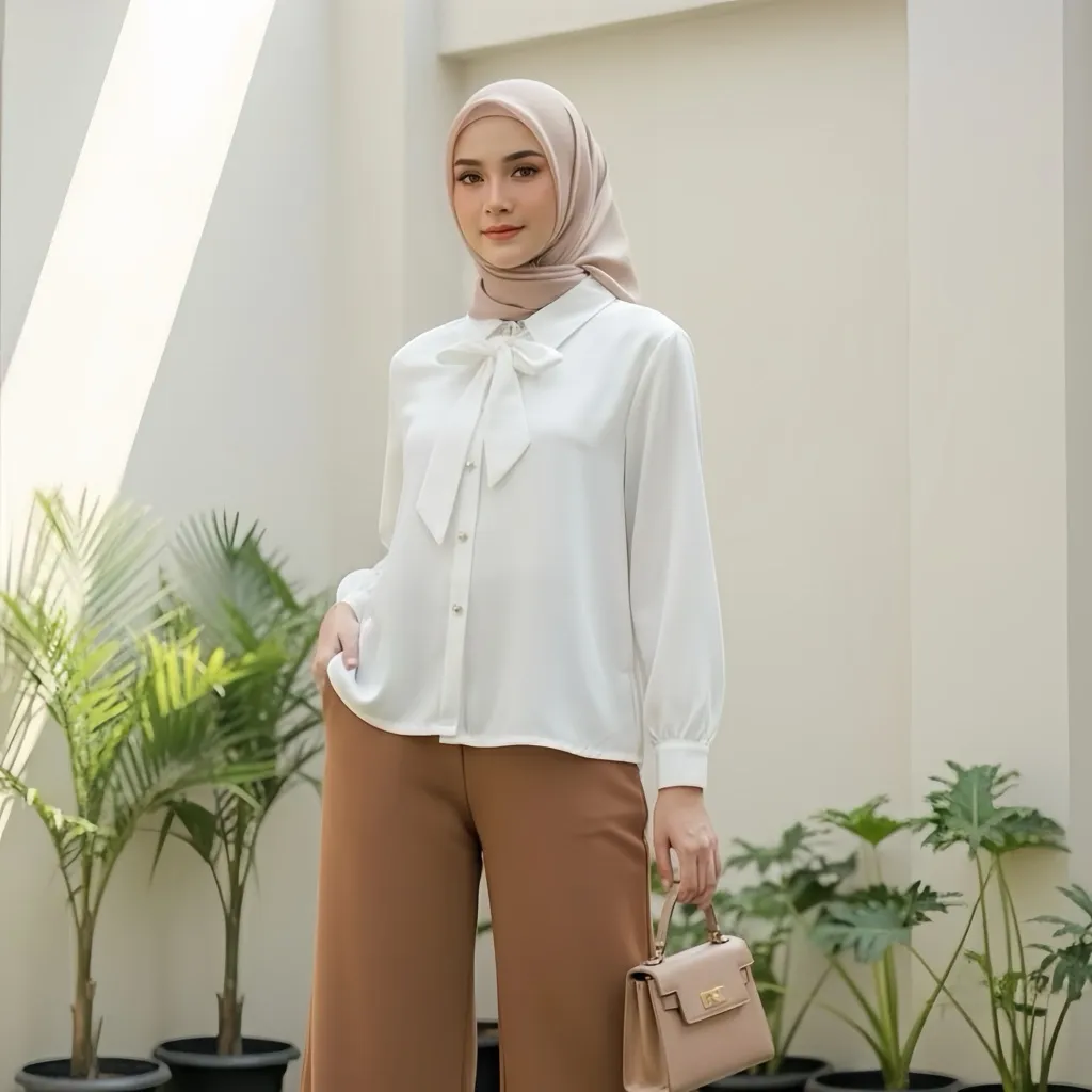 NORO - Atasan Wanita Formal Lengan Panjang Kerah Pita Katun Syakila Premium