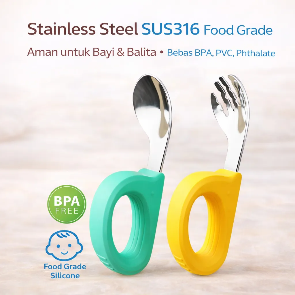 Sendok Garpu Anak Stainless Steel SUS316 Food Grade – Set Alat Makan Bayi Training MPASI Aman BPA Free 6 Bulan+