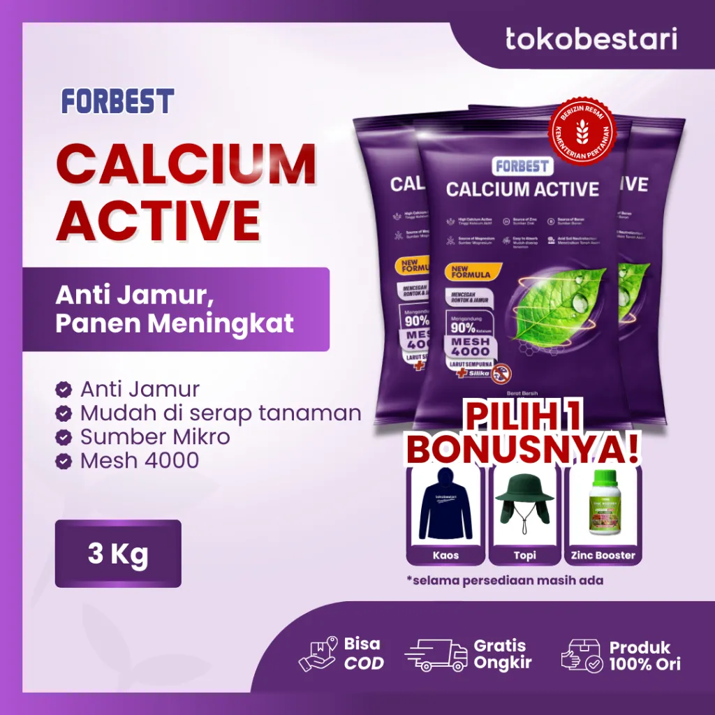[ BONUS KAOS/TOPI ] 3Kg Forbest New Calcium Active - Pupuk dengan Zink Boron Magnesium Silika - Anti Rontok Buah & Bunga, Jamur & Busuk Buah, Pelebat & Penambah Bobot Buah, Penguat Batang, Pupuk untuk Durian, Padi, Cabe Tomat Melon