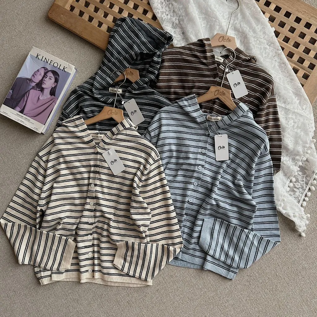 Oclo Saldiara Cardi Hoodie Basic Stripe Outwear Daily Knit Kancing Basic Cardigan Rajut Wanita OCL02828