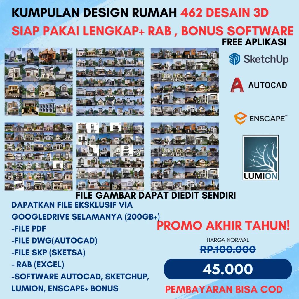 KUMPULAN FILE 460 DESAIN RUMAH SOFTFILE DWG SKETCHUP DAN RAB