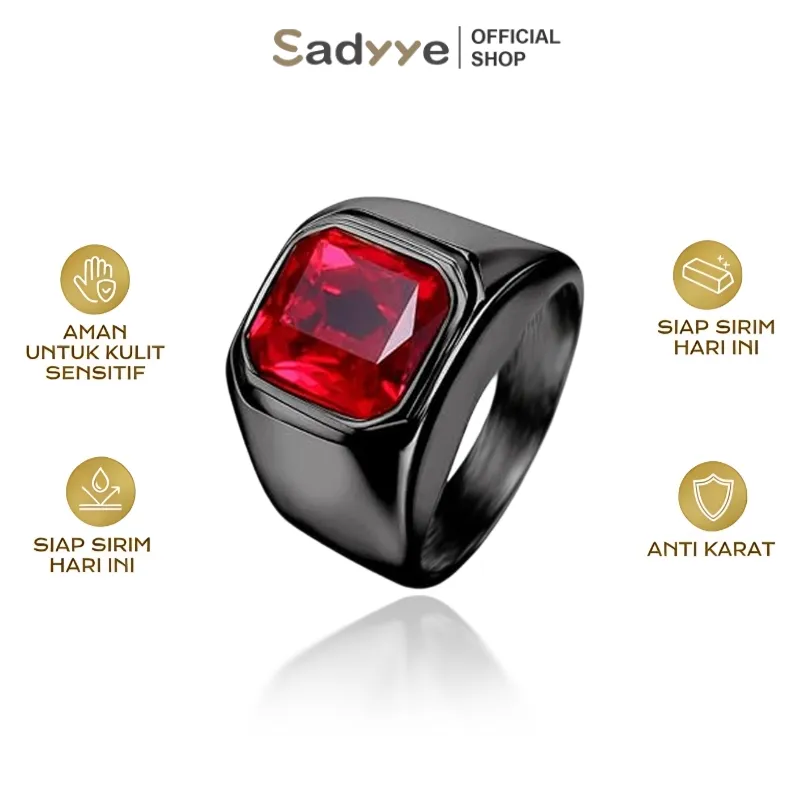 Sadyye Cincin Vintage Merah Batu Permata Hitam Paduan Cincin Pria Mode Punk Hip Hop