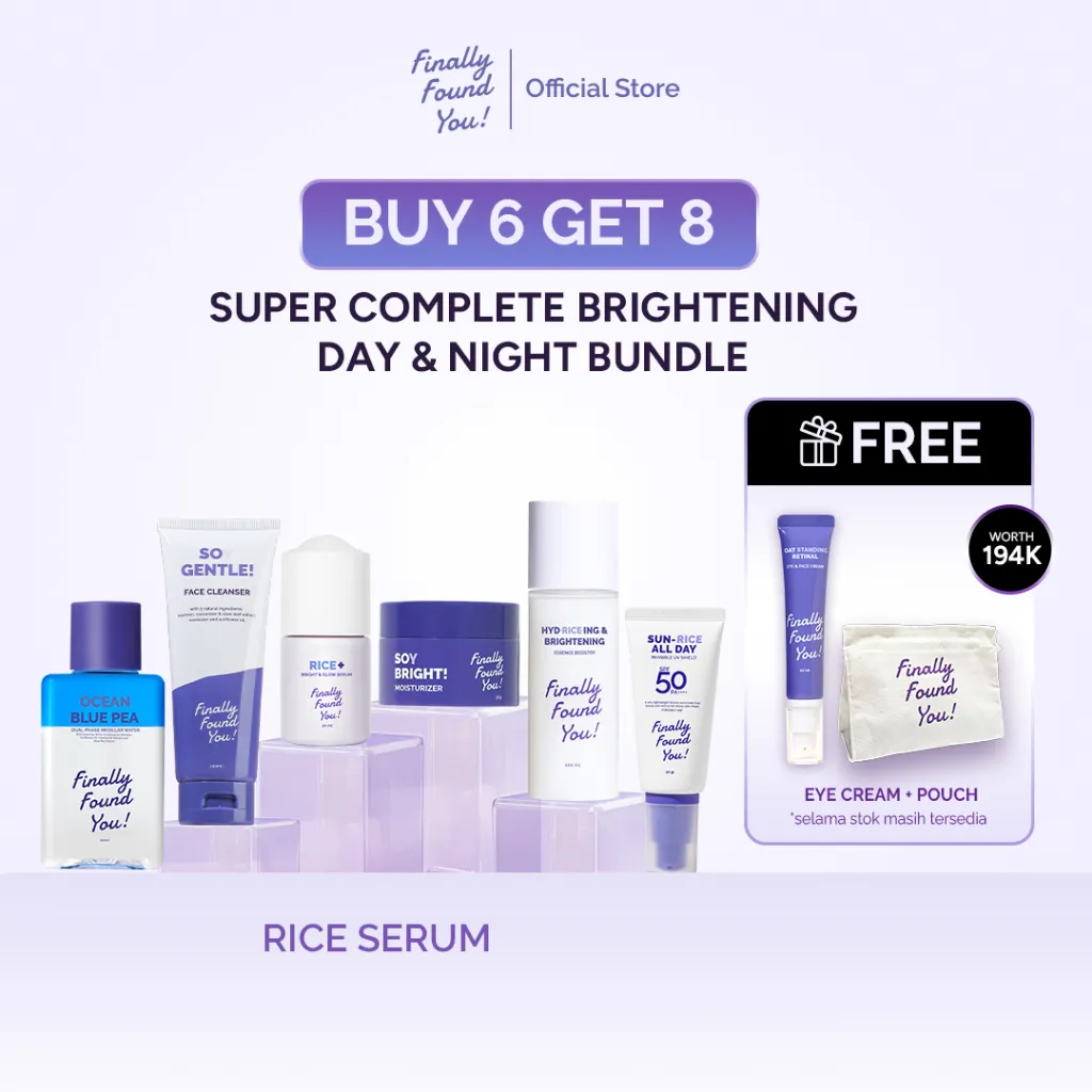 [BUY 6 GET 8] Finally Found You! Super Complete Brightening Day & Night Kit  6in1 Free Eye Cream:  (Micellar Water 100mL + Soy Cleanser 100mL + Toner 100mL + Serum + Soy Moisturizer 30gr/Snail Moist 50gr + Sunscreen 50gr)