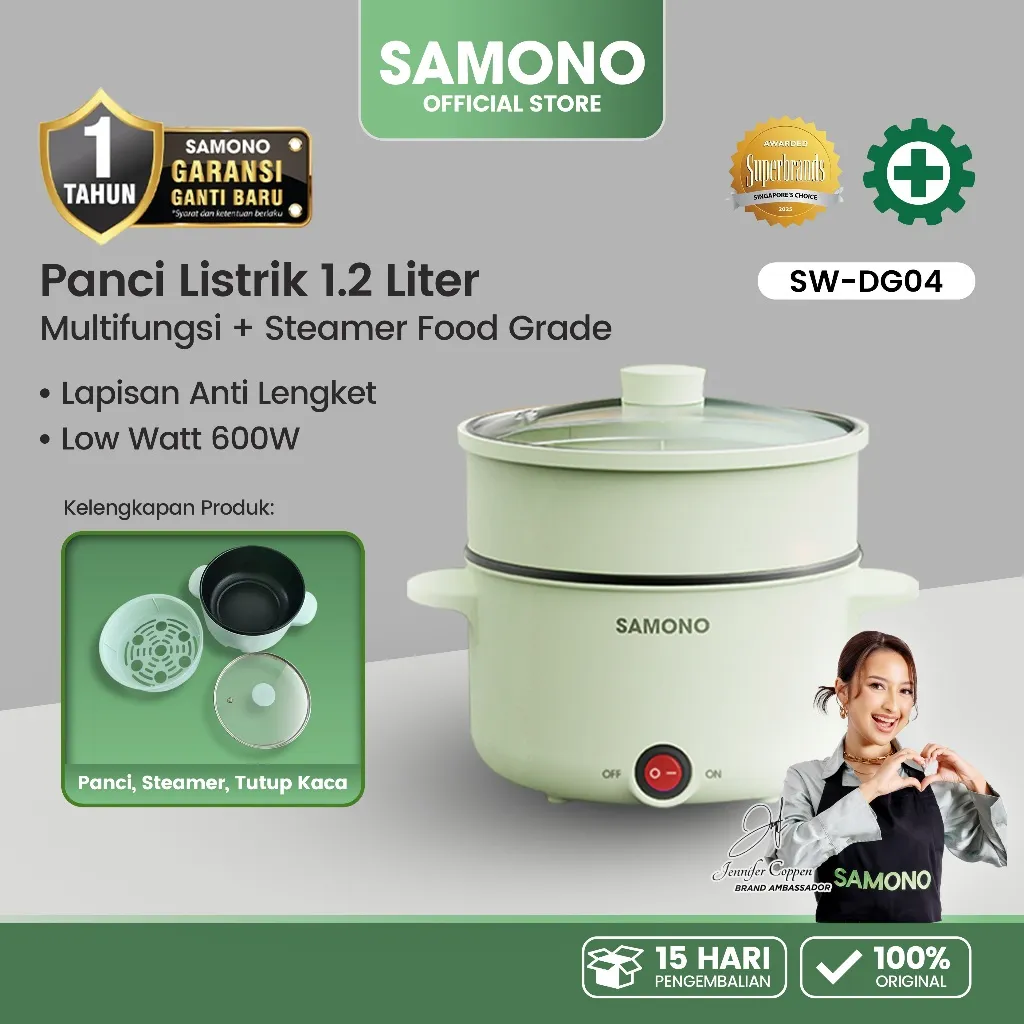 SAMONO Panci Listrik 1.2L Hijau Anti Lengket Teflon Anti Lengket 600W Irit & Cepat Panas Masak Rebus Kukus Goreng Cocok Anak Kos/Asrama Include Kukusan + Tutup Kaca Transparan DG04