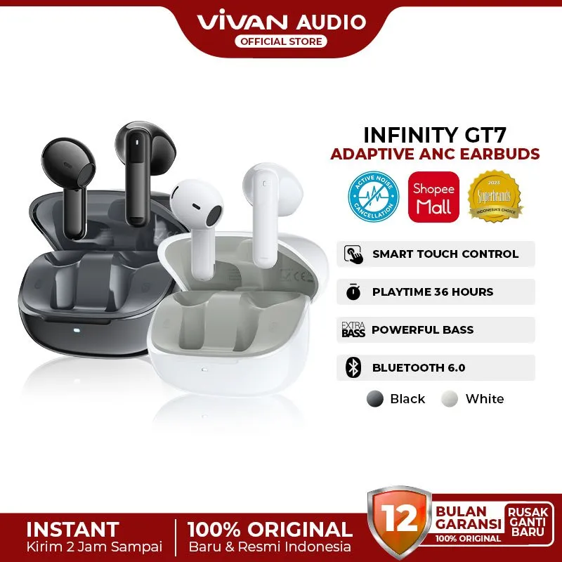 VIVAN TWS Adaptive ANC ENC Infinity GT7 Bluetooth 6.0 Low Latency Playtime 36H Gaming Mode Kualitas Suara HD Garansi 12 Bulan