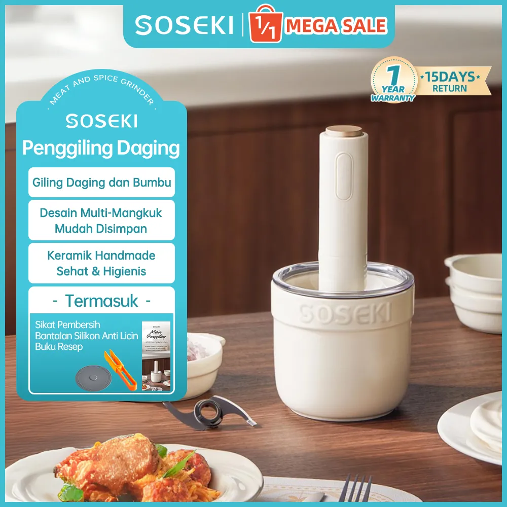 SOSEKI Chopper Keramik untuk Daging dan Bumbu / Blender Daging 300W / FREE 3 Mangkuk untuk Blender Bumbu Dapur / Meat Chopper