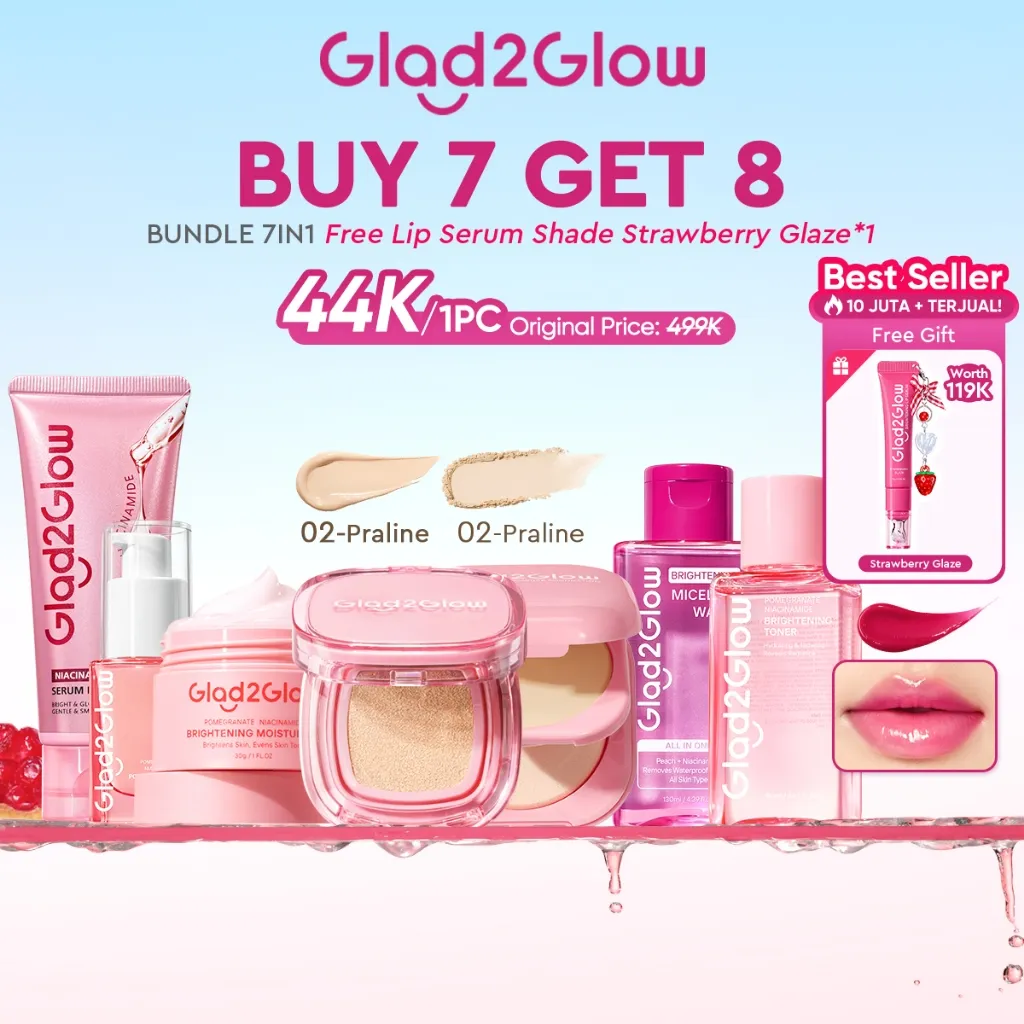 [Free Gift]Glad2Glow 8 IN 1 Super Glow Niacinamide Skincare & Makeup Paket: Brightening Micellar Water 130ml + Moisturizer+Toner+Serum+Niacinamide Cleanser+Flawless Cushion+Perfect Blurring Powder untuk Kulit Cerah, Glowing & Halus Sepanjang Hari