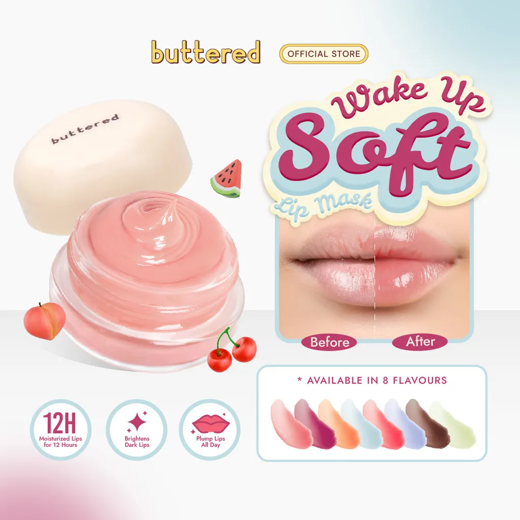 Buttered Lip Mask Scoop and Smooth Melembapkan Mencerahkan dan Menghaluskan Bibir Kering dengan Nourishing Complex Vitamin E dan Shea Butter untuk Bibir Lebih Lembut, Plumpy dan Cerah Alami