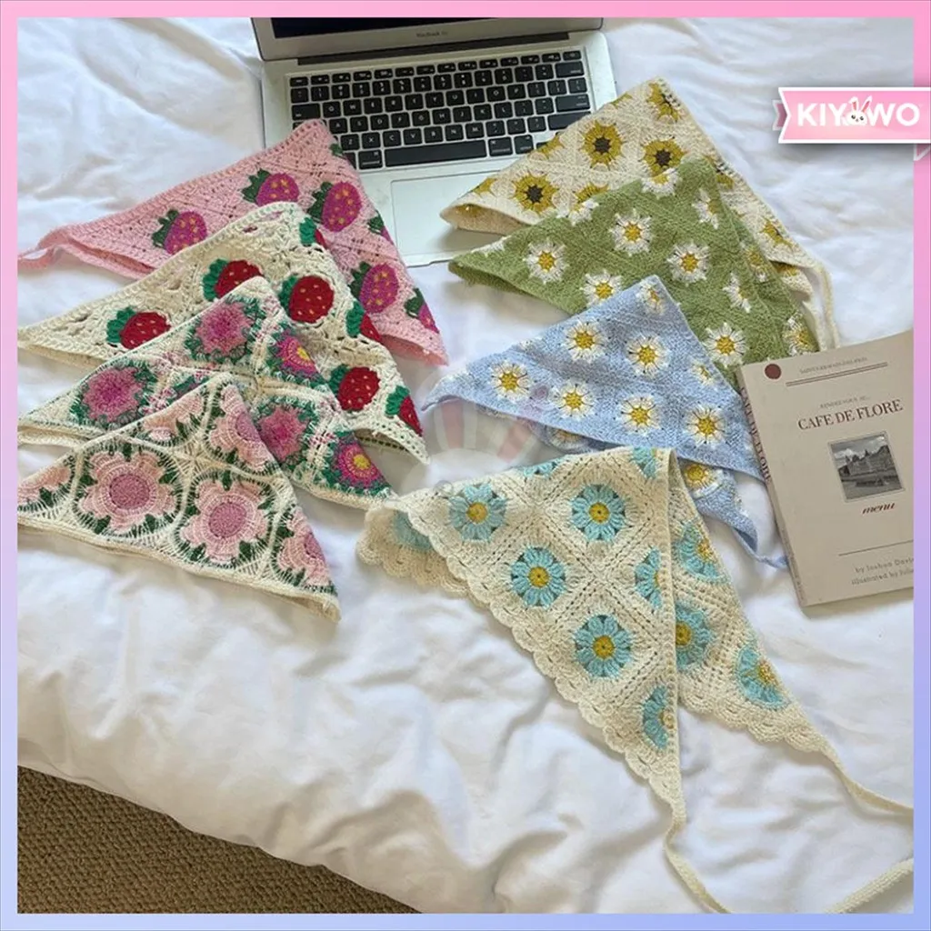 KIYOWO Bandana Head Scarf Rajut Motif Bunga Stroberi Kupu-Kupu Gaya Fashion Korea Import AR188