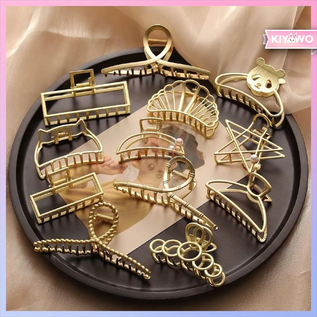 KIYOWO Jepit Rambut Vintage Gold Motif Persegi Hiu Kupu-Kupu Gaya Fashion Korea Import AR002