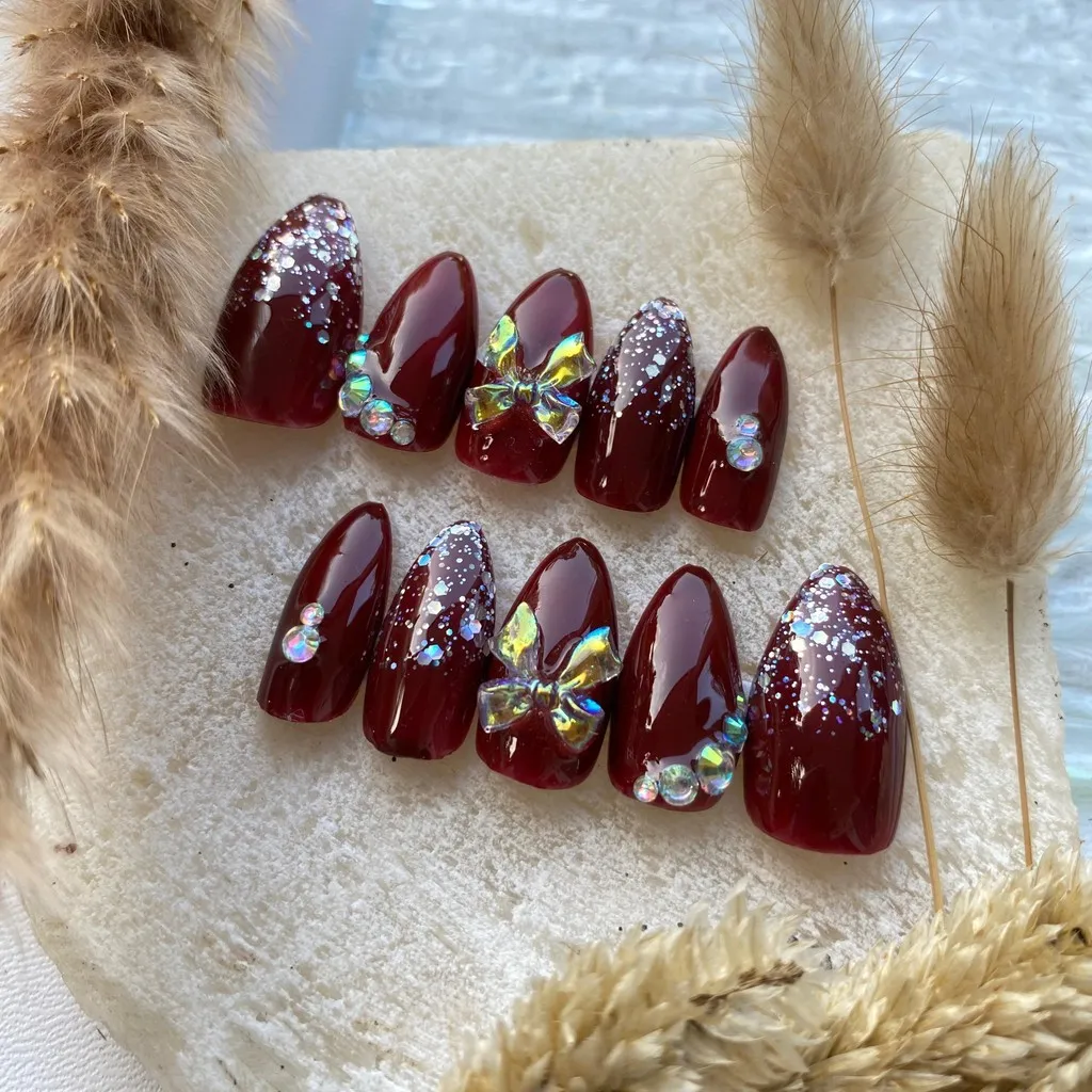 [A4 MAROON] Nail art kuku palsu + lem| Kuku palsu nail art| Kuku palsu + lem| Kuku palsu nail art + lem| Press on nails warna maroon| Fake nails| Nail art pendek wedding pengantin best seller terbaru ukuran xs s m l cod