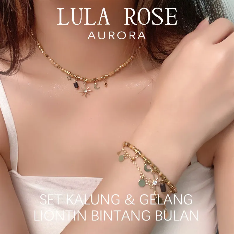 LULA ROSE Set Kalung dan Gelang Wanita Gaya Vintage Manik Emas Ornamen Bulan Bintang Couple Fashion Aesthetic