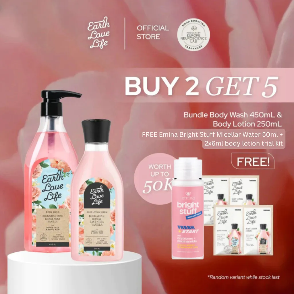 [BUY 2 GET 5] Earth Love Life Body Wash 450 mL & Body Lotion 250 mL FREE Emina Micellar Water 50ml & 2 pcs Trial Kit | Body Care Set | Body Wash Wangi | Body Lotion Premium
