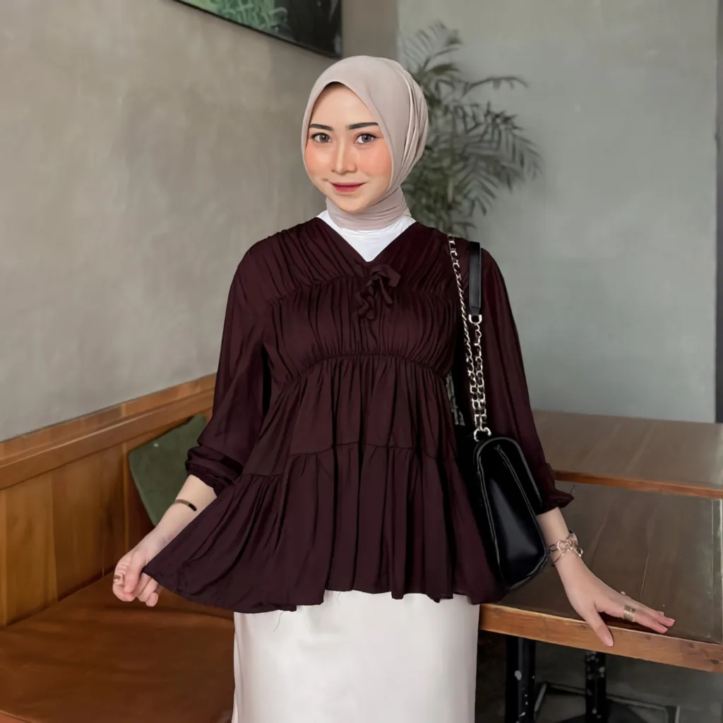 [ FMLY ] Mireya Blouse Kerut Dada Lengan Panjang Bahan Rayon Atasan Wanita Terbaru