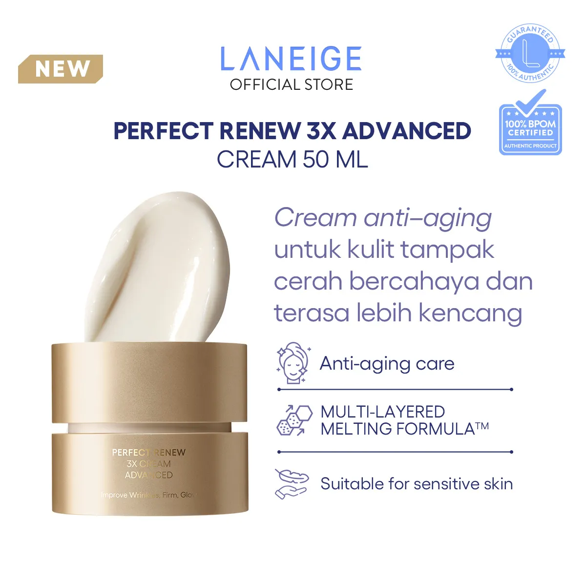 LANEIGE Perfect Renew 3X Cream Advanced 50 mL - Moisturizer Anti Aging, Menjaga Kekencangan, Menghaluskan Tekstur Kulit