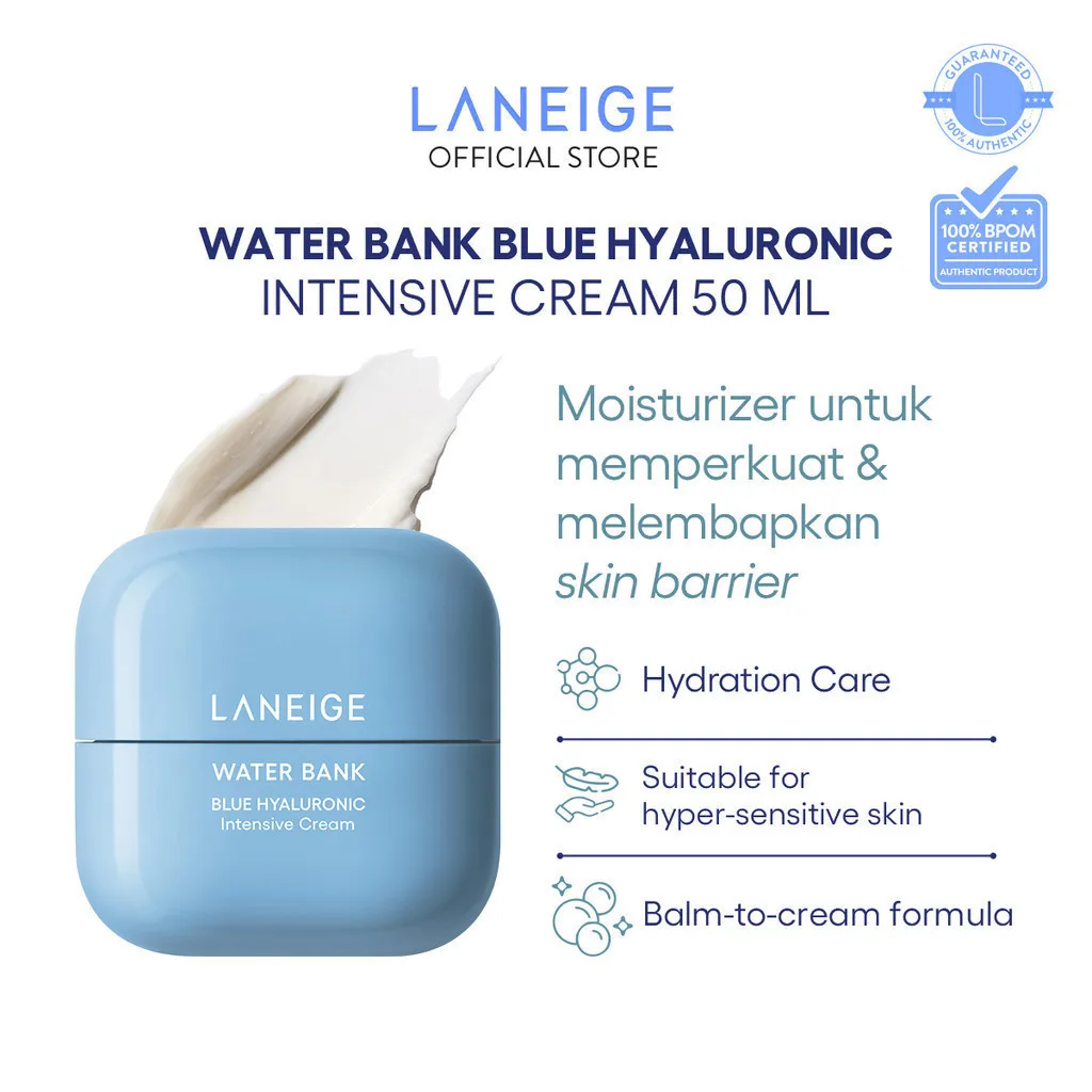 LANEIGE Waterbank Blue Hyaluronic Intensive Moisturizer 50 mL - Pelembab Untuk Kulit Sensitif, Moisturizer dan Perawatan Kulit Sangat Kering